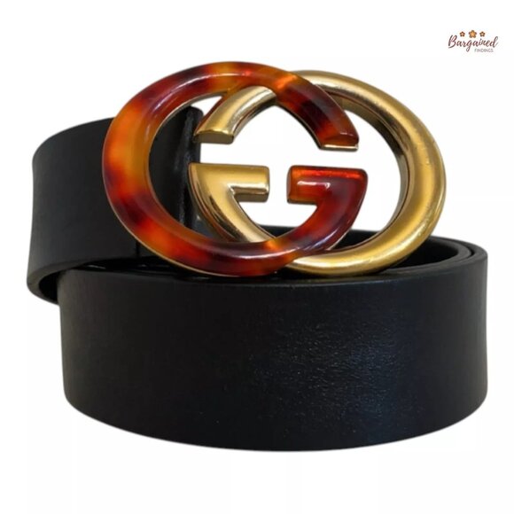 Authentic Gucci Black Calfskin Leather Tortoise Gold Interlocking G Belt 80/32 - Picture 1 of 13